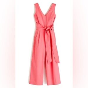J. Crew Wrap Tie Sash V-Neck Pink Coral Poplin Wide Leg Jumpsuit Size 2